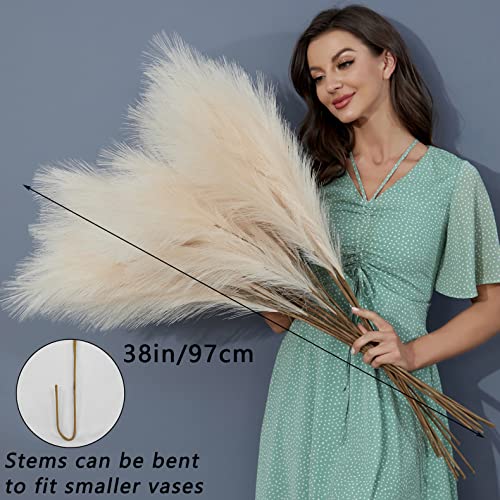 FOTEEWL 8 PCS Faux Pampas Grass Decor 38"/3.1FT Tall Fake Pompas Floral Large Artificial Pompous Grass Branches Plants for Floor Vase Filler Home Boho Decoration (Cream/Beige) - color: Beige