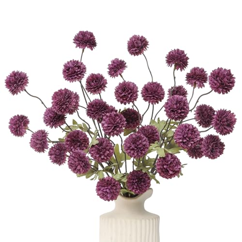 DuHouse 6pcs Artificial Flowers Faux Silk Pompon Mum,Silk Small Mini Chrysanthemum Ball with Stems for DIY Bouquets Centerpieces Vase Home Table Kitchen Decorations(Plum) - color: Plum, size: 6pcs
