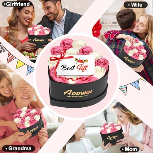 ADDWel Romantic Preserved Roses Bouquet for Her Anniversary, Birthday Flower Gifts for Women, 16-Pieces Eternal Roses with Natural Fragrance in Heart-Shape Box for Wife Girlfriend Mom - color: Pink & White