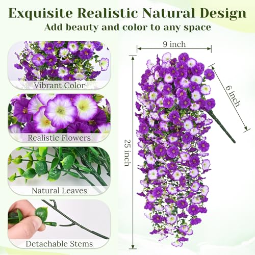 Dolicer 4 Packs Look Real Artificial Flowers for Outdoors, Fake Artificial Hanging Flowers for Outdoors Realistic UV Resistant Hanging Flowers Silk Petunia Faux Flowers for Porch Patio (Mixed Purple) - color: Mixed Purple, size: 4 packs