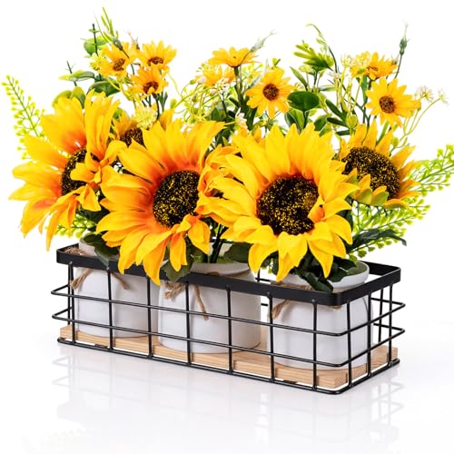 AceOrbit 3 Pcs Artificial Sunflower Potted Plants with Wire Tray Farmhouse Faux Sunflowers for Kitchen Table Centerpieces Fake Yellow Flowers in Rustic Pots for Dining Home Bathroom Wedding (Trendy) - style: Trendy