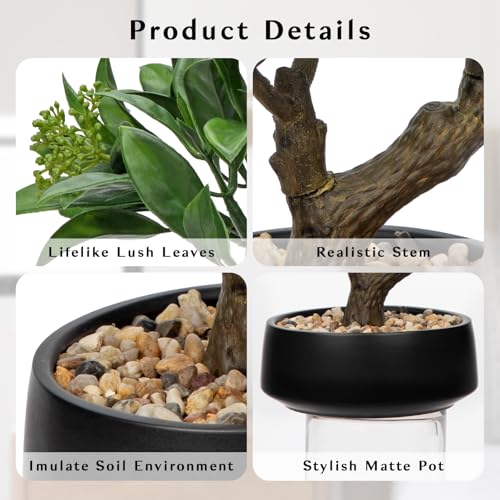 Artificial Bonsai Tree, Small Bay Laurel Bonsai Tree 13" Indoor Bonsai Tree | Fake Potted Plant Decorative Fake Desk Plant Decor with Ceramic Pot for Home Office Living Room Bathroom Table Shelf - color: Green Bay&black Pot