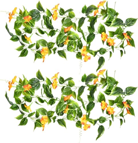 Fake Morning Glory Hanging Plants, Artificial Vines Silk Flowers Faux Ivy Plastic Greenery Garland Plant for Home Garden Yard Wall Fence Stairway Wedding Party Basket DIY Decoration Orange 2 Pack - color: Morning Glory Vines - Orange 2 Pcs