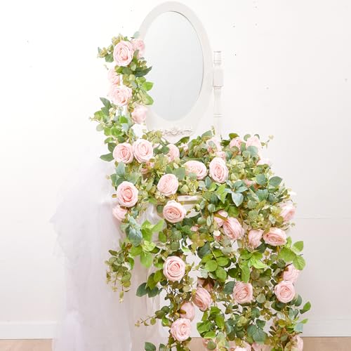 PONKING Flower Garland Artificial Rose Vine Flowers Hanging Fake Roses Vines for Wedding Birthday Party Valentines Christmas Room Wall Arch Decor, 2 Pink Floral Garland Decorations, High Realistic - color: High Realistic Flower Champagne Pink Vines 5.4ft