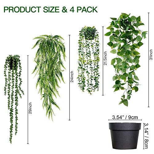 Sggvecsy Fake Hanging Plants 4 Pack Artificial Hanging Plants Fake Potted Greenery Faux Eucalyptus Vine String of Pearls Boston Fern Ivy Vine Leaves for Home Indoor Outdoor Shelf Wall Garden Decor - color: Green, size: 4 Pack