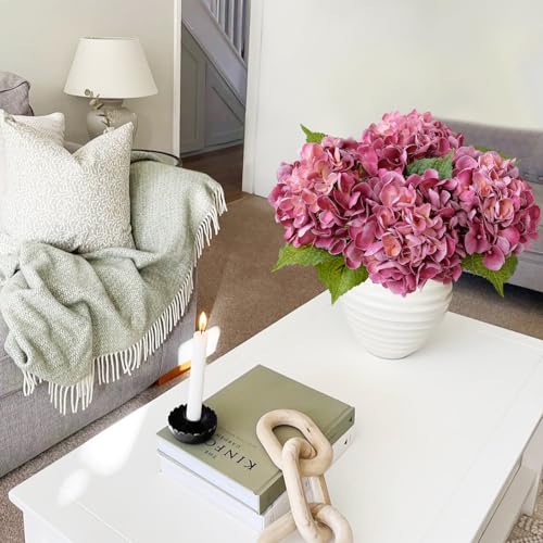JINWOE Magenta Pink Hydrangea Artificial Flowers, 4Pcs 21” Latex Real Touch Flowers, Full Faux Silk Flowers Fake Artificial Hydrangeas with Stems for Bouquet Table Centerpieces Wedding Baby Showers - color: Magenta