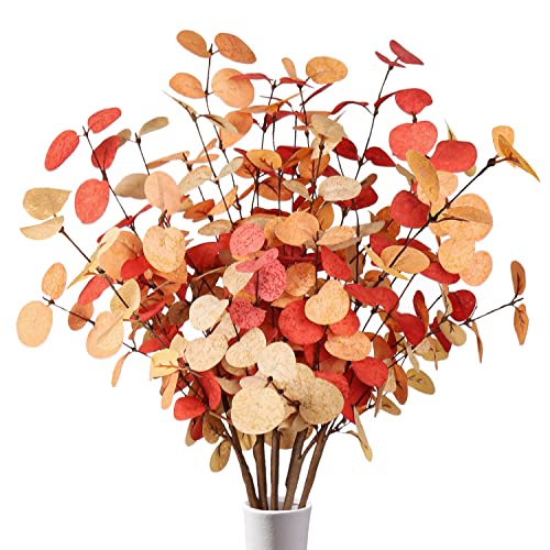 Beferr Fall Eucalyptus Stems Decor, 5Pcs 24" Faux Eucalyptus Branches Artificial Autumn Plants Decorations Fall Floral Arrangements Farmhouse Home Table Centerpiece - color: Orange Eucalyptus