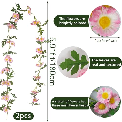 2 Pcs Wildflower Garland Spring Flowers Garland Pink Artificial Daisy Flowers and Leaves Faux Floral Vine for Mantle Baby Shower Wedding Arch Front Door Porch Staircase Summer Decor - color: Pink