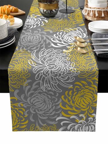 Floral Table Runner-Yellow Gray White Cotton linen-Long 72 inche Dresser Scarves,Flower Tablerunner for Kitchen Coffee/Dining Table Bedroom Home Living Room,Summer Spring Holiday Dinner Scarf Decor - color: Texturezld5966, size: 13x72 Inch