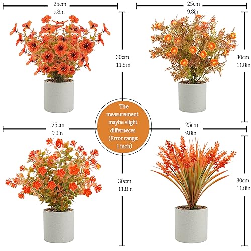 4 Pack Artificial Fall Flowers Autumn Potted Plants Fake Small Plants for Fall Table Centerpieces Thanksgiving Home Tabletop Office Bathroom Farmhouse Thanksgiving Decorations (Orange) - color: Orange, size: 4 Pcs