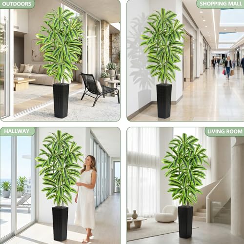 Artificial Yellow Dracaena Tree - 7FT Tall Fake Plants with Black Planter - Artificial Plants Indoor Floor Plant in Pot - Large Tropical Fake Yucca Potted Tree for Home Office Living Room Decor - color: Black-yellow Leaf, size: 7 FT