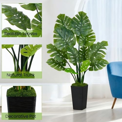 UPBUD Artificial Monstera Deliciosa Plant, 5FT Fake Tree with Real Touch Green Leaves & Black Square Pot, 60in Tall Faux Floor Trees Fake Plants for Indoor Outdoor Porch Living Room Decor - color: Green Leaves Black Planter