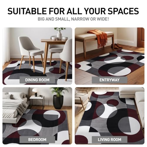 Rugshop Burgundy Geometric Area Rug, Contemporary Circle Design, Non-Shedding, Easy-Care Style for Living Room, Bedroom and Home Office, 5'3" x 7'3" - size: 5'3" x 7'3" (Rectangular)