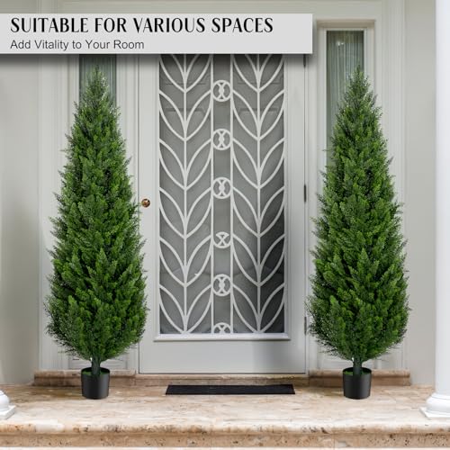AOKIIE 6FT Artificial Cedar Topiary Trees Set of 2，72 Inch Tall UV Protection Fake Cypress Trees for Outdoors, Realistic Potted Pine Plants for Patio, Porch, Home, Doorway Decor
