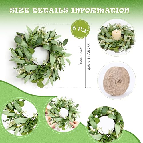 6 Pcs Mini Eucalyptus Wreaths for Cabinets with Greenery Artificial Leaves Spring Summer Small Candle Rings Wreaths for Home Kitchen Front Door Window Farmhouse Porch Wall Hanging Decor - color: Green