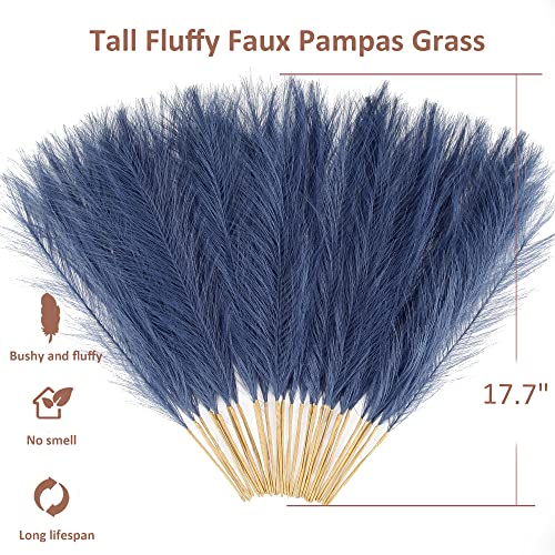 Navy Blue Pampas Grass Small, 30 Pcs 17" Faux Pampas Grass Short Decor, Pompas Grass Flower Arrangement and Vase Filler for Boho Home Wedding Decoration - color: Navy Blue, size: 17'' Tall
