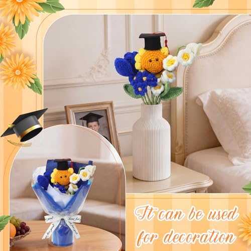 2026 Graduation Crochet Flowers Bouquet Gifts Class of 2026 Graduation Gift for Her Sunflower Mortarboard with Greeting Cards Bag Handmade Knitted Artificial Flowers for Grad(Blue) - color: Blue