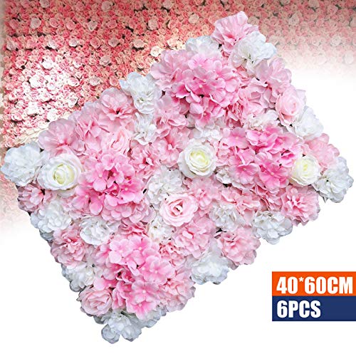 6 PCS Artificial Flower Wall Panels 3D Flower Wall Panel for Flower Wall Backdrop 16" x 24" Faux Flower Wall Mat Silk Hydrangea Rose Floral Panel for Party Wedding Wall Decorations Pink+White - color: Pink+white