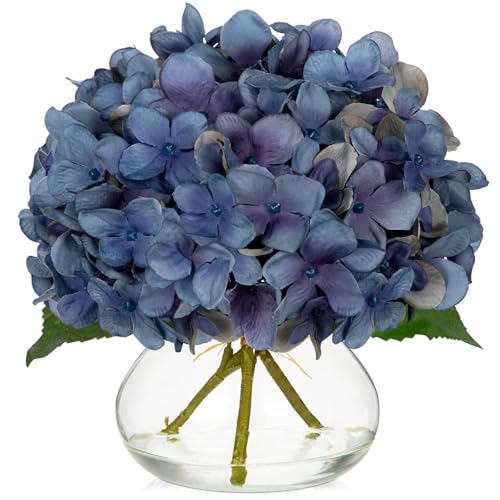 Hollyone Blue Hydrangea Fall Flowers Artificial for Decoration with Glass Vase Autumn Silk Faux Flower Arrangements with Fake Water Table Centerpiece Vase with Flowers Fall Decorations for Home - color: Hydrangea, Dark Blue