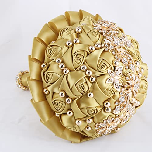 A Bunch Golden Bridal Wedding Bouquet Satin Rose Bouquet with Ribbon Diamond W306-20 Light Golden - color: Light Golden
