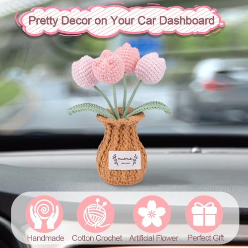 Tulip Crochet Flower Plant, Small Cute Handmade Knitted Flowers with Vase, Small Crochet Potted Artificial Flower Plants for Desk Home Car Dashboard Office Decorations (Tulip-Pink) - color: Tulip-pink
