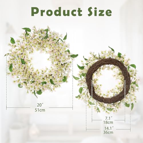 Spring Summer Wreaths for Front Door, 20" Cherry Blossom Wreaths for Spring Summer Decor, Light Yellow Wreaths for Front Door, Window, Home, Wall, Farmhouse Decor, Spring Artificial Flower Wreaths - color: # Light Yellow 20"