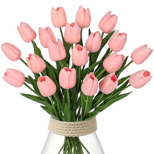 20 Pcs Baby Pink Tulips Artificial Flowers Real Touch Fake Tulips Fake Flowers for Mother's Day 13.5" Faux Tulips Faux Flowers Bulk Artificial Tulips Flowers for Vase Centerpieces Home Wedding Bouquet - color: Baby Pink #20