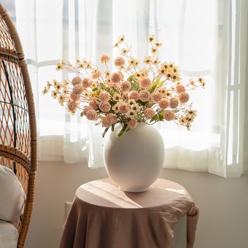 HyeFlora Faux Silk Pompon Mums Artificial Flowers for Vase Kiku Stems & Eucalyptus Floral Arrangement Dried Flowers Vintage Decorative Aesthetic for Home Vase Decor - color: 14pcs-beige Wax&kiku