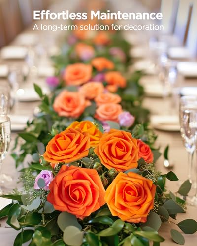 InnoGear Artificial Flowers, 50 Pcs Shades of Orange Foam Fake Roses Bulk with Stems for Autumn Fall Decoration DIY Wedding Bouquets Centerpieces Bridal Shower Party Christmas Tree - color: Shades of Orange