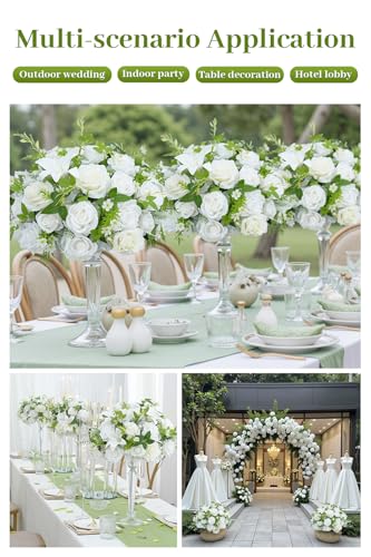 2pcs 15inch Centerpieces Table Decorations White & Green Artificial Flowers Roses Balls for Wedding Centerpiece Party Bouquet Faux Floral Arrangement (Without Stand) - color: 2pcs 15'' White Green