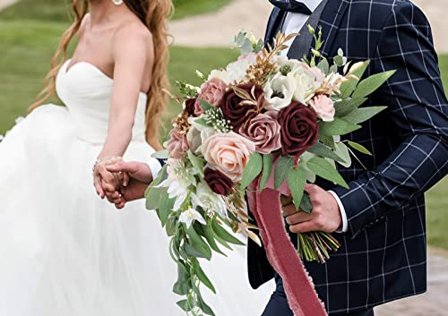 9 Inch Artificial Wedding Bouquets for Bride Bridal Bouquet Bridesmaid Bouquet Tossing Bouquet for Wedding Ceremony Anniversary Bridal Shower(Marsala & Blush) - color: Marsala & Blush