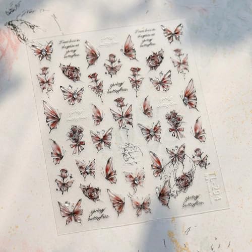 Retro Butterfly Nail Stickers - 5D Emboosed Red-Black Gradient Nail Decals 1PCS Summer Rose Butterfly Nails Adhesive Stickers with Rhinstone Design Spakrling Nail Art Supplies for Manicure Decor - style: Style9-Retro Blcak Butterfly