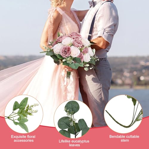 Peonies Artificial Flowers Bulk, 12 Bundles Fake Silk Peonies Faux Eucalyptus Bouquet Realistic Peony Floral Arrangement for Wedding Table Centerpiece Vase Decor (Dusty Pink & Light Pink) - color: Dusty Pink & Light Pink