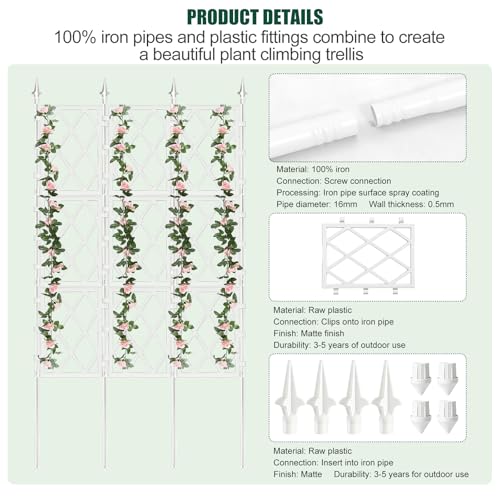 WellSign 5.25FT Metal Pipe Trellis for Climbing Plants Outdoor, Garden Wall White Trellis with Garden Twist Tie, Support Tall Plant Fence for Ivy Vines Rose Flower - color: White