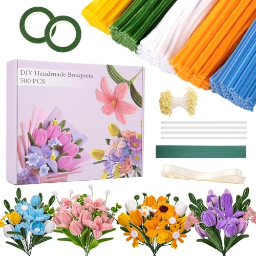 Siolviento Pipe Cleaners Craft, 500 PCS Pipe Cleaner Flower Kit with 5 Colors Chenille Stems, Floral Wires, Ribbon, Gardening Tape & Stamen for DIY Bouquets, Arts and Crafts Supplies (Multicolor-B) - color: Multicolor-B