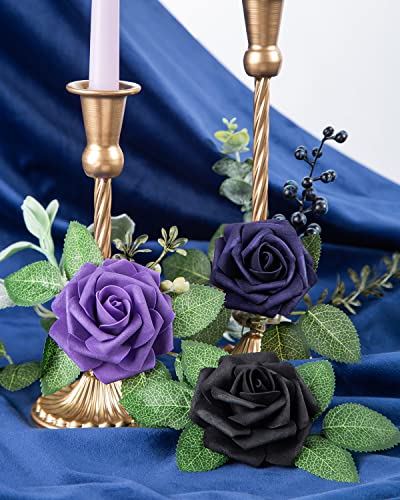 DuHouse 25Pcs Artificial Roses Flowers Fake Roses with Stems Real Touch Foam Flowers for DIY Wedding Bouquet Centerpiece Halloween Floral Arrangement Party Home Decor(Black) - color: Black, size: 25pcs