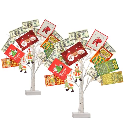 PEIDUO Set of 2 Money Trees, Lighted 22Inch 24LT White Birth Tree with Clips and Greeting Cards, Gift Card Holder for Birthday,Christmas, Wedding, Father's Day Graduation Gifts, Money Tree Gift Holder - style: 2PK Money Tree