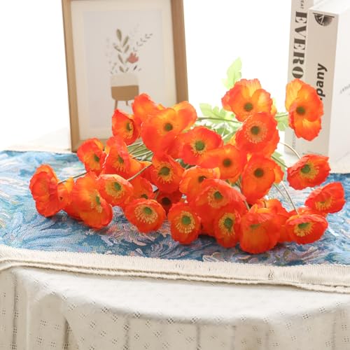 10 Pcs Artificial Poppy Flowers with 40 Heads Lifelike Silk Fake Poppies for Vase Faux Poppies with Stem for Spring Wedding Home Table Centerpiece Baby Shower Veterans Day Decorations (Orange) - color: Orange