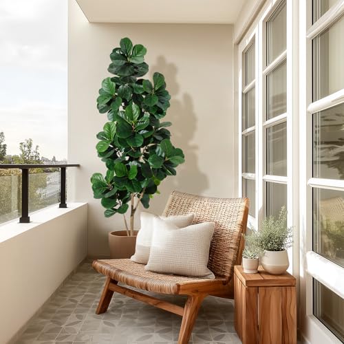 7 ft Fiddle Leaf Fig Tree Artificial with 141 Leaves - Realistic Faux Ficus Lyrata Trees in 9 in White Planter Pot, Indoor Fake Floor Plants for Home Office Living Room Decor, Housewarming Gift - color: With White Planter, size: 7ft