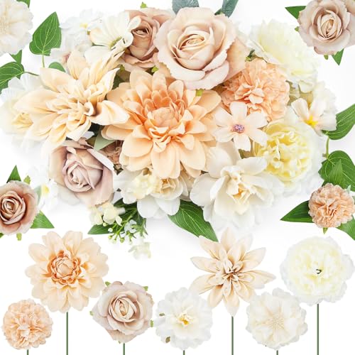 Janinka 100 Pcs Champagne Assorted Fake Flower Heads with Long Stem Mini Artificial Flower Bulk Mix Silk Faux Daisy for Crafts Fake Peony Rose for DIY Wedding Party Wreath Home Decoration - color: Champagne