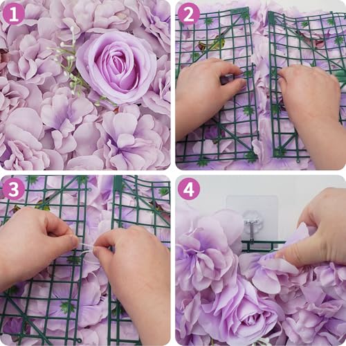 Zythrem Purple Flower Wall Backdrop 12-Pack Rose Wall Panels 15×15 Inch Silk Flower Wedding Backdrop 3D Artificial Floral Backdrop for Birthday Party Home Event Photography Background - color: Purple