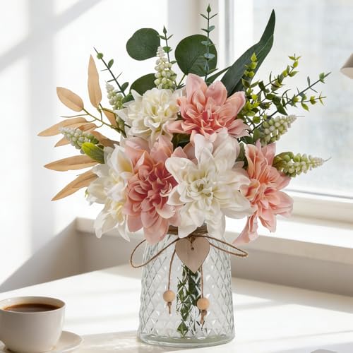 Fake Flowers with Vase Silk Flowers in Vase Dahlia Flowers Arrangement Suitable for Home Office Decoration, Dining Table Centerpiece (Dahlia-White Pink) - color: Dahlia-white Pink
