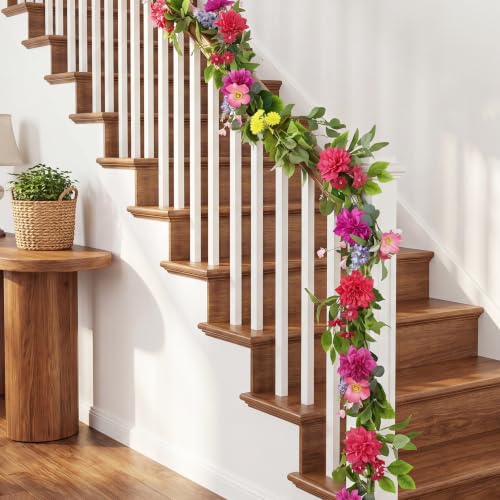Giegxin 1 Pack 6 ft Artificial Flower Garland Flower with Dahlia and Wildflower Pink Purple Fake Wisteria Vines Summer Greenery Eucalyptus Garland for Wedding Mantle Porch Stair Table Indoor Decor - style: Dahlia,Wildflower