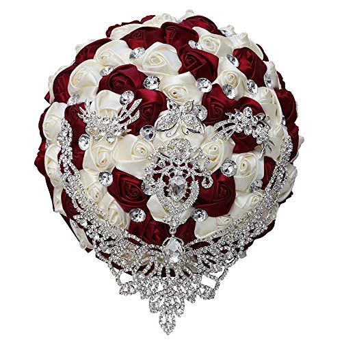 Handmade Luxury Wedding Bridal Bouquet Large Silk Rose Holding Toss Artificial Flowers Bouquets with Satin Ribbon Pearls Rhinestone for Bride Vintage Royal Wedding Bouquet (Red+Ivory) - color: Red+ivory