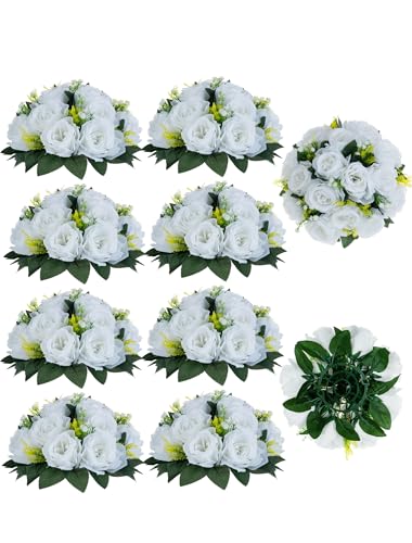 BLOSMON White Flowers for Wedding Centerpieces: 10 Pcs Artificial Roses Flower Balls for Table - Fake Silk Kissing Bouquet Floral Arrangement Center for Home Party Event Decor - color: White