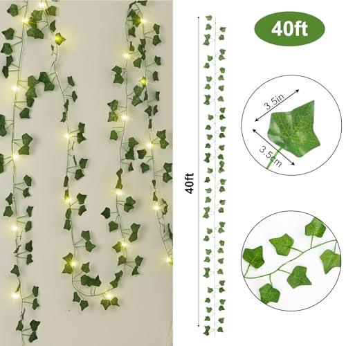 CEWOR Vines with Lights, 40ft Fake Ivy 120 LED Ivy String Lights, Fake Vines Garland with Lights for Home Decor Wedding Decor - size: 40FT ivy with 120 lights