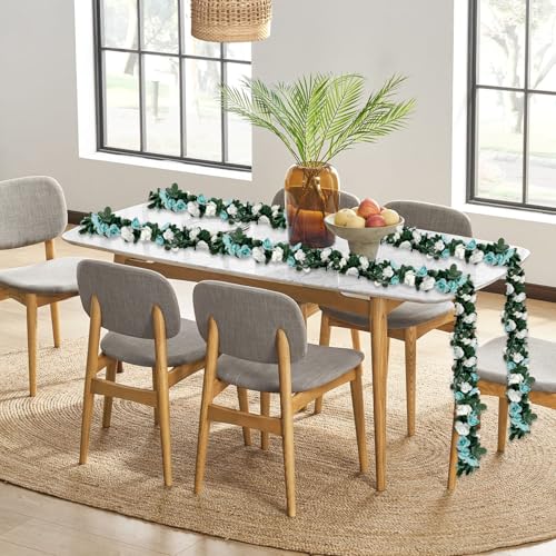 8Pcs 63Ft Teal White Rose Garland, Fake Flower Vines, Artificial Vine Flowers, Rose Hanging Garland for Party Wedding, Garden, Room Table, Christmas, Backdrop Wall Arch Decor - color: Teal White, size: 8Pcs-63Ft