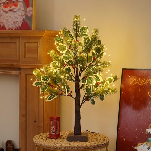 PXBNIUYA 2 FT Christmas Tree with 72 LED Lights, Christmas Decorations Indoor, Fairy Light Spirit Tree for Home Decor, Lighted Birch Trees with Pine Needles, USB and 3AA Battery and Timer（Warm White） - color: Christmas Leaves