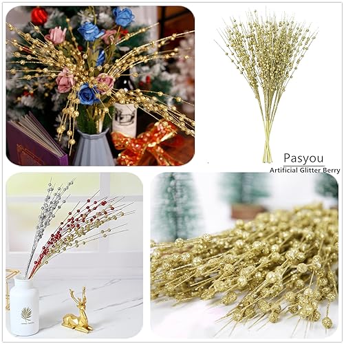 Artificial Golden Glitter Berry Stem Decorations 17 Inches, Fake Bead Sticks Picks for Halloween Christmas Ornaments Tree DIY Wreath Crafts Gift Fireplace Holiday Home Xmas Decor - Gold 10 Pack - color: Glitter Berry Sticks - Gold 10 Pack
