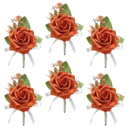Marriwise 6pcs Rose Boutonniere for Men, Artificial Flowers Wedding Groom Groomsmen Boutonniere for Wedding/Anniversary/Prom/Rustic Wedding/Homecoming (Burnt Orange 1) - color: Burnt Orange 1